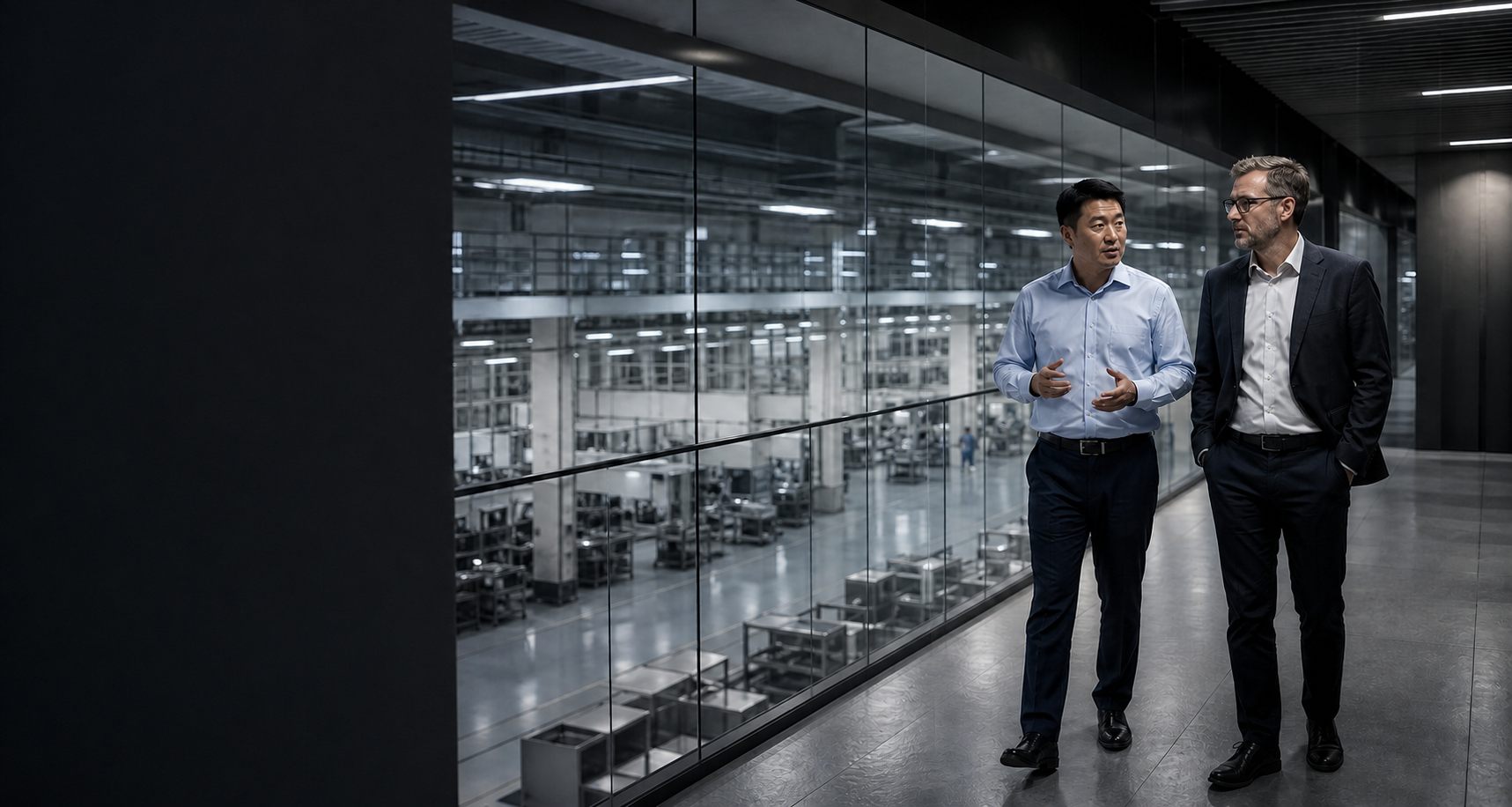A China sourcing specialist walking through an advanced manufacturing facility with an international client