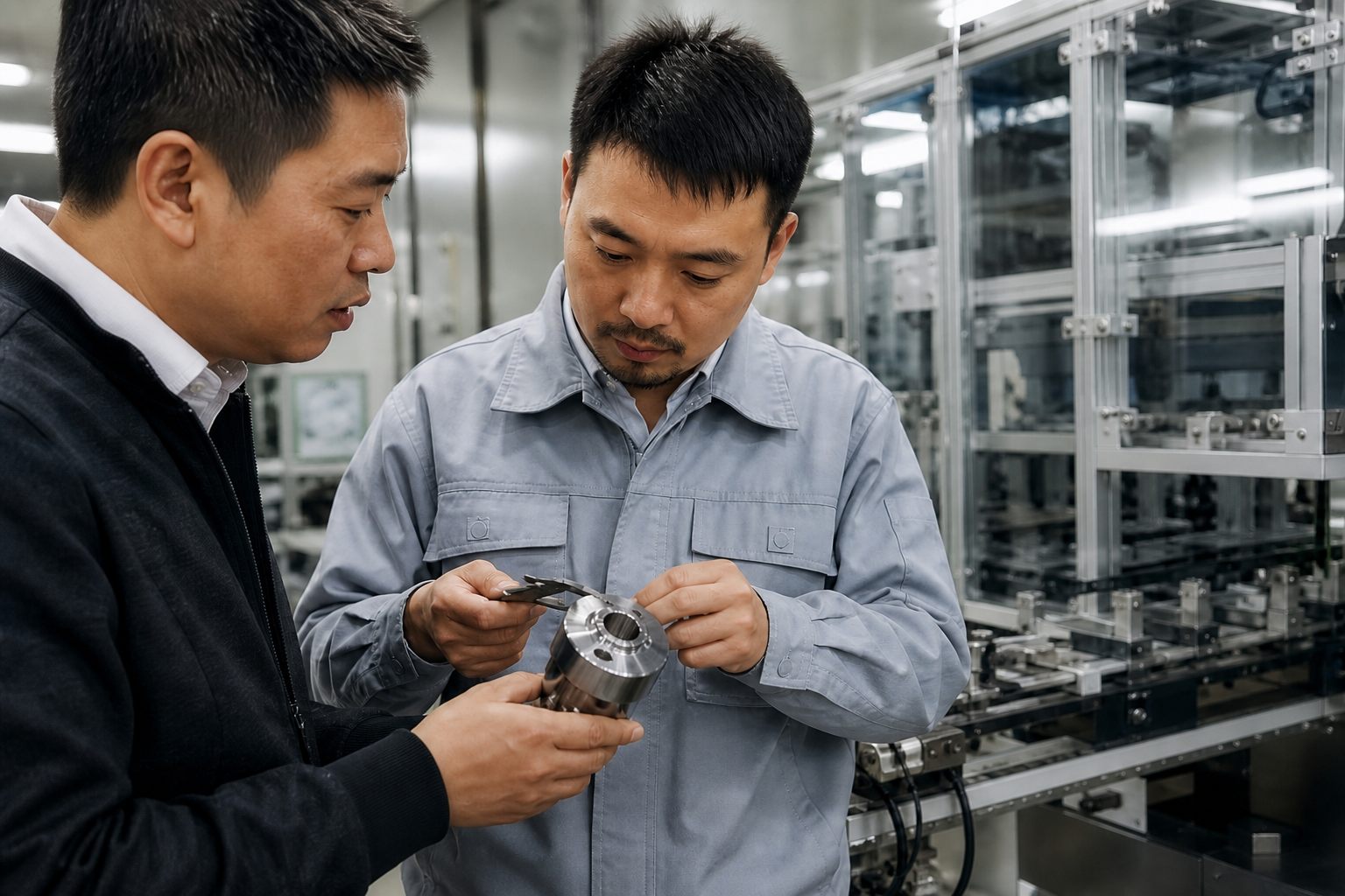 Sourcing specialist and factory engineer inspecting a precision component